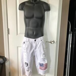 DNM COLLECTION John Lennon White Denim Distressed Bermuda Patched Shorts Mens 32